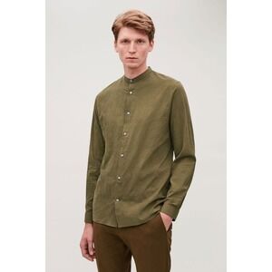 COS Mens Seersucker Olive Green Grandad Collar Textured Long Sleeve Casual Shirt